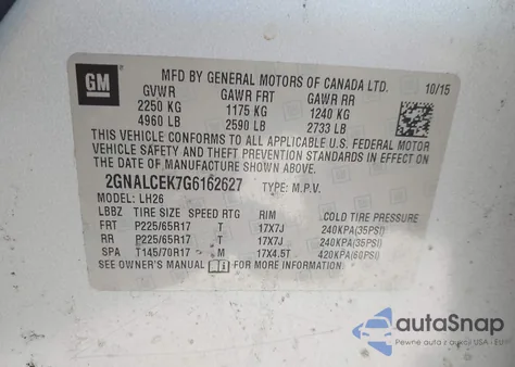 2016 Chevrolet Equinox Lt из США, поврежденный, VIN 2GNALCEK7G6162627